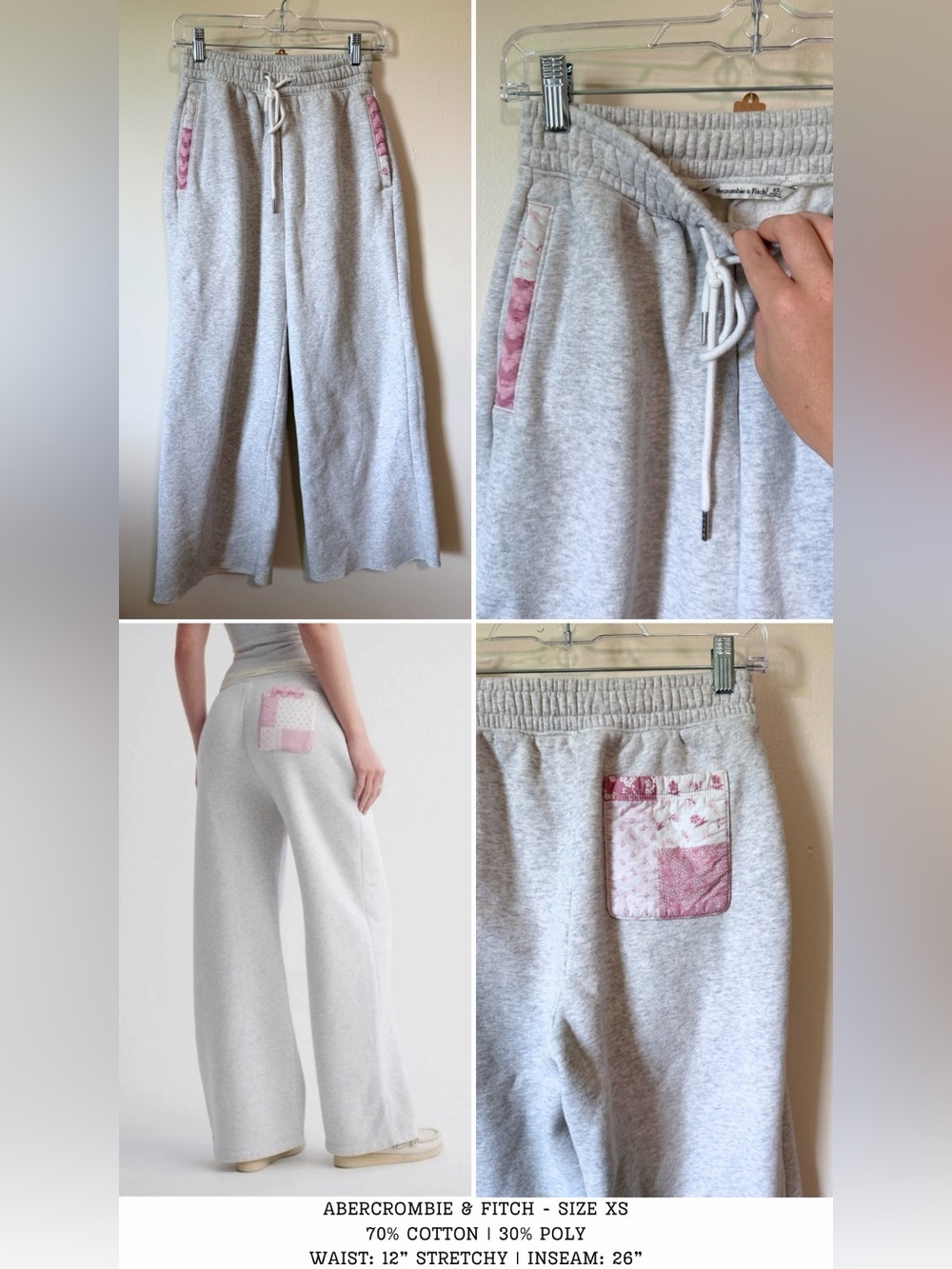 Abercrombie&Fitch pink patchwork wide leg drawstring grey sweatpants size XS - Picture 7 of 7